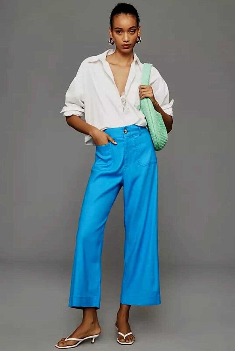 Anthropologie The Colette Cropped Wide-Leg Pants Linen Blue Sky Size 25 Maeve